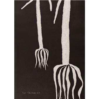 A minimalist black-and-white print featuring two stylized root-like figures against a solid dark background.