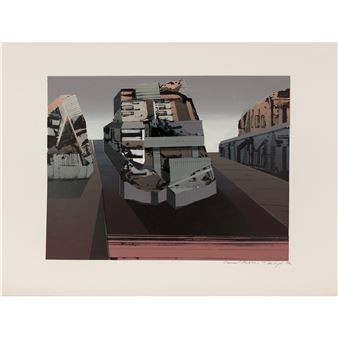 A graphic print of three fragmented, blocky structures resembling buildings or machinery set against a muted sky.