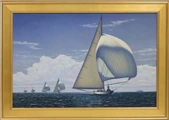 A framed painting of a large sailboat racing against smaller vessels on a blue sea under a cloudy sky.