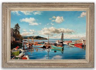 A serene harbor scene with colorful fishing boats docked in calm water under a bright blue sky.