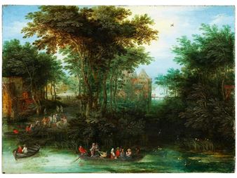 KAHNFAHRT VOR BAUMBESTANDENEM UFER, NAHE EINES DORFES