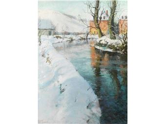 A serene winter landscape featuring a snow-covered riverbank and distant buildings.