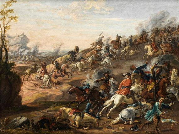 A chaotic battle scene filled with cavalry and fallen soldiers.