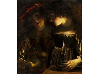 A dramatic scene of two figures sharing a candlelight moment in a dark interior.