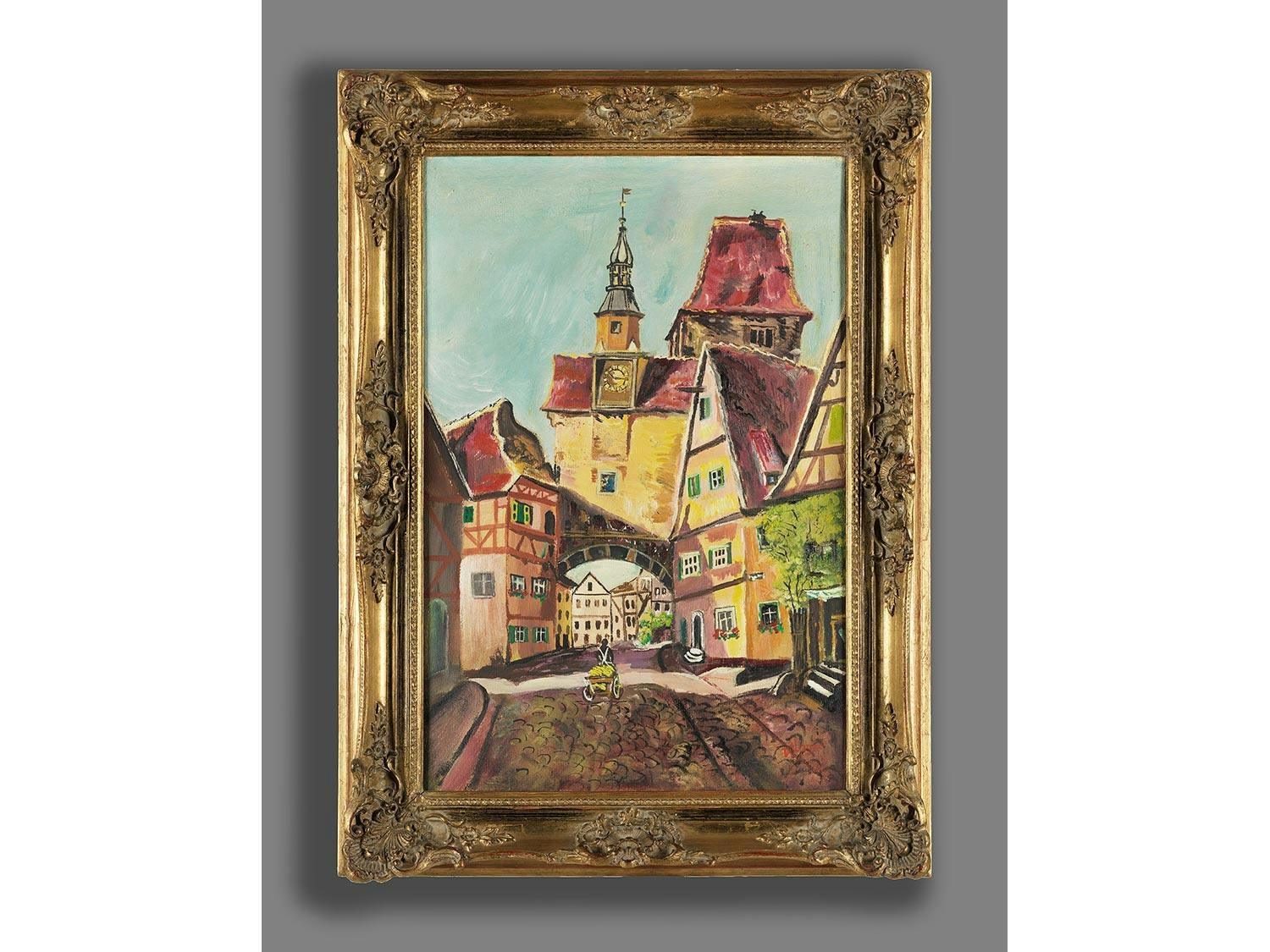 A vibrant painting of a European town square with half-timbered buildings and a clock tower.