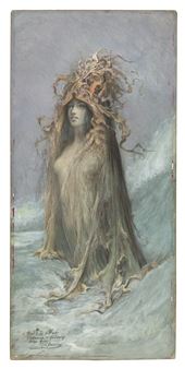 A pale figure stands amidst swirling mist, draped in a tattered cloak and crowned with wild, organic tendrils.