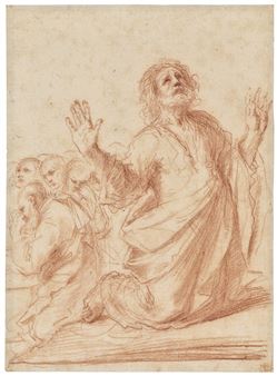 A dramatic red chalk study of a kneeling figure with raised hands and three smaller figures in the background.