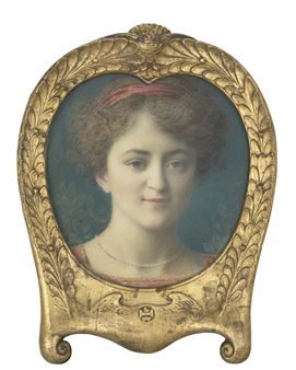 A vintage portrait miniature featuring a woman in an ornate gold frame.