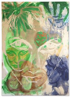 A layered portrait painting featuring multiple faces in green and blue tones with a palm tree motif.