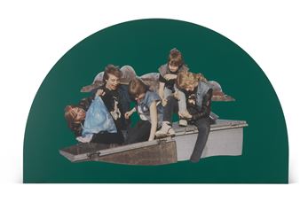 A group of four figures in a boat with angel wings, set against a solid green background.