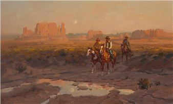 A desert landscape painting featuring three riders traversing a rocky terrain under a hazy sky.