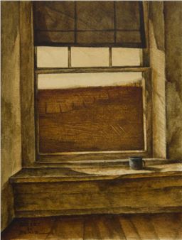 A quiet interior study featuring a window overlooking a barren landscape with a solitary cup on the sill.