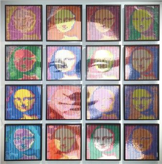 A grid of sixteen framed portraits rendered in a vibrant, stylized pop-art aesthetic.