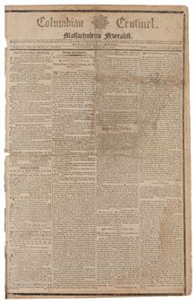 An aged newspaper page filled with dense columns of text and a decorative header.