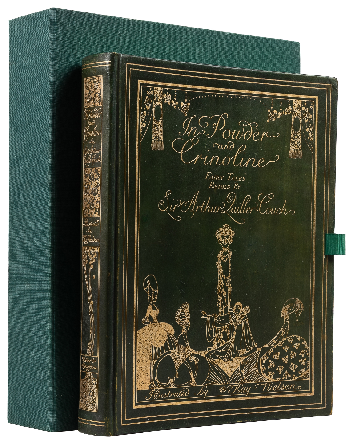 A vintage hardcover book with a dark green cover and gold embossed illustrations of figures in period attire.