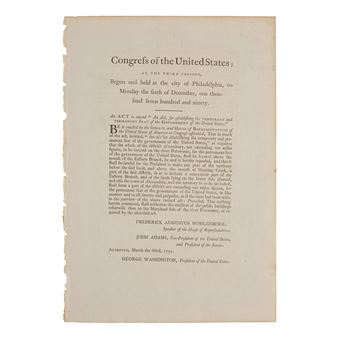 [Washington, D.C.] Rare Congressional Act, Amending the Residence Act of 1790, Establishing Washington, D.C. as the Permanent Seat of Government - George Washington
