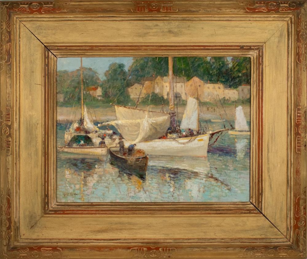 Artwork by Paul King, Boats in a Harbor, Made of Oil on canvasboard