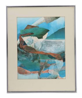A framed abstract collage featuring layered paper fragments in cool blues, greens, and warm browns.