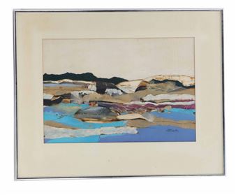 A layered collage landscape featuring a mountainous terrain with blue water in the foreground.