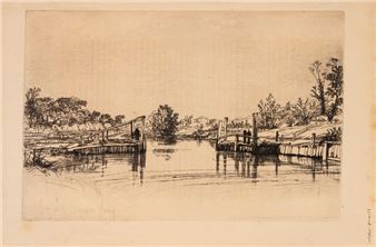 A monochromatic etching of a tranquil river scene featuring two wooden docks extending into calm water.