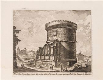 A detailed etching of a massive stone tower with crenellations, set against a hazy landscape with distant ruins and tiny human figures.