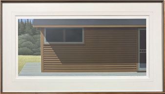 A minimalist architectural study of a modern wooden cabin with a slanted roof and large window.