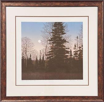 A framed print of a serene forest at twilight with a full moon rising over bare trees.