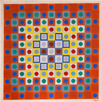 A vibrant geometric composition featuring concentric rings of colored circles and squares.