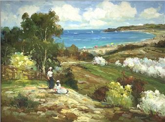 A sun-drenched coastal landscape where two figures sit on a grassy hill overlooking a blue bay.