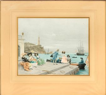 A watercolor scene of a seaside promenade with figures in period dress and boats on the water.