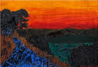 A vibrant landscape painting featuring a dramatic sunset over dark hills and fields.