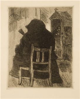 A somber etching of a hooded figure seated before an ornate shrine.