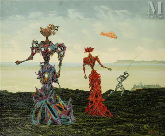 A surreal landscape featuring three abstract, multi-colored figures standing on a textured dark ground against a pale sky.