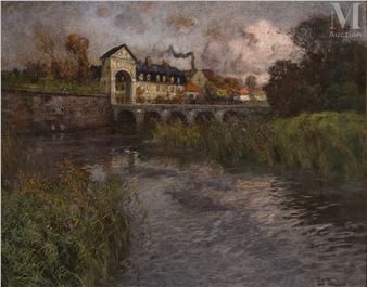 A moody landscape painting of a stone bridge over a river with a building in the background.