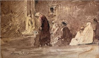 A monochromatic watercolor scene of figures in a dimly lit architectural space.