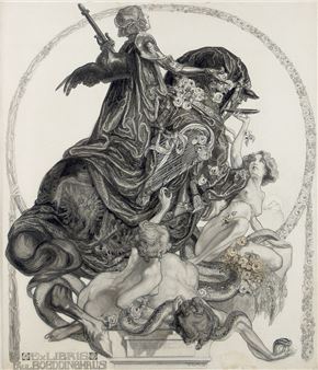 Ritter zu Pferd mit Nymphen ("Ex Libris" für Paul Boeddinghaus) - Franz von Bayros