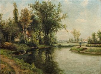 A serene river landscape featuring a small boat and figures under a bright sky.