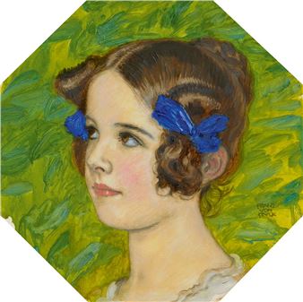 A profile portrait of a young woman with dark hair styled in curls and blue bows against a textured green background.