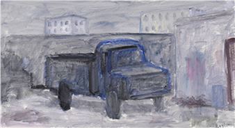 A blue pickup truck parked in a snowy urban setting.