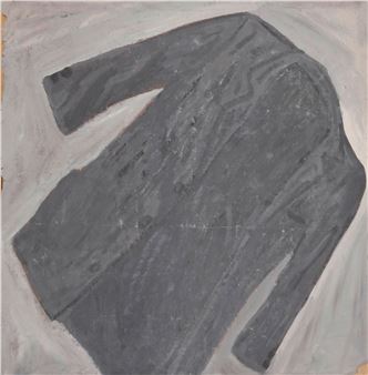 A textured painting of a dark grey garment against a light background.