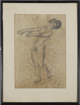 A charcoal drawing of a nude figure in a dynamic pose.