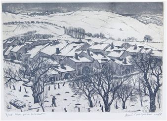 A monochromatic etching of a snow-covered village nestled in rolling hills.