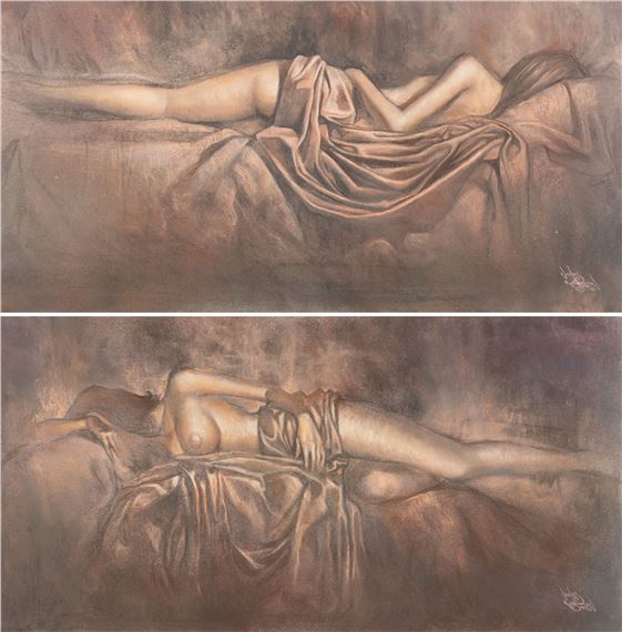 Reclining Nudes, pair of mixed media signed and dated '99 - Nicolas Ruston