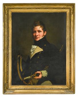 Portrait of a naval officer, half length, in uniform, holding a sword in the crook of his left arm and a lace-trimmed cocked hat under his right arm
