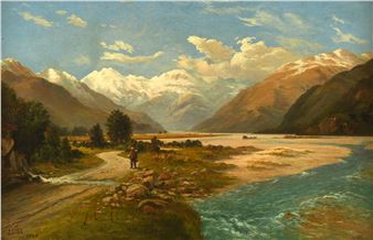 A pastoral landscape painting featuring a river, mountains, and a lone figure on a dirt path.