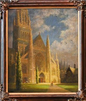 A golden-hour oil painting of a grand cathedral with two tiny figures walking toward its entrance.