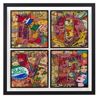 A vibrant pop-art collage celebrating love with a 'LOVE' theme.