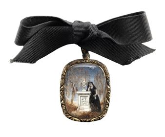 Mourning portrait miniature on ivory depicting a woman in black holding a handkerchief and resting her head in her hand as she leans against a memorial to "J.T. 5th May 1791