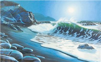 A vibrant seascape painting featuring a powerful green wave crashing onto a rocky beach under a bright sun.