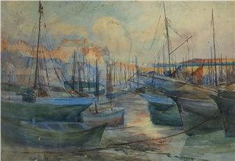 A watercolor scene of a harbor filled with moored boats under a hazy sky.